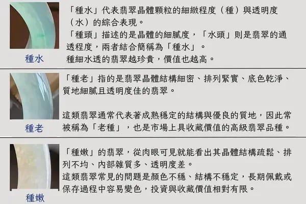 翡翠種水等級分類：玻璃種、冰種、糯種、豆種品質對比