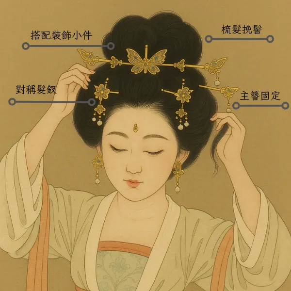 唐代婦女高髻髮型圖解，標示主簪、對稱髮釵、梳篦與裝飾小件等唐制漢服頭飾的配戴方式。