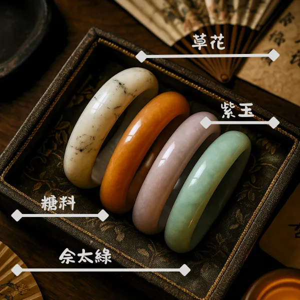 佘太翠四大金剛手鐲草花、糖料、紫玉、豆綠排列圖