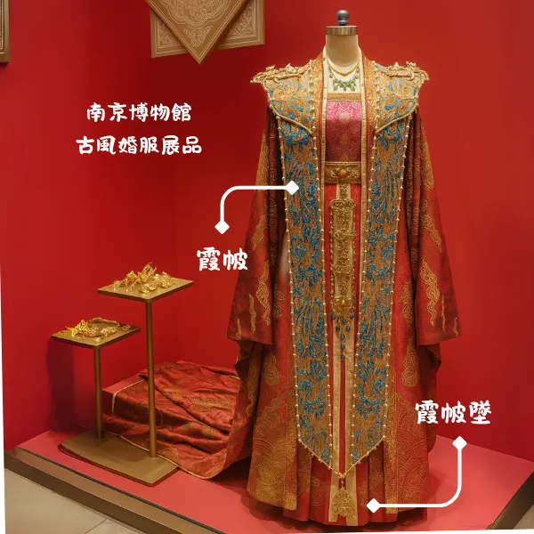 南京博物館展出完整鳳冠霞帔婚服與霞帔墜位置示意