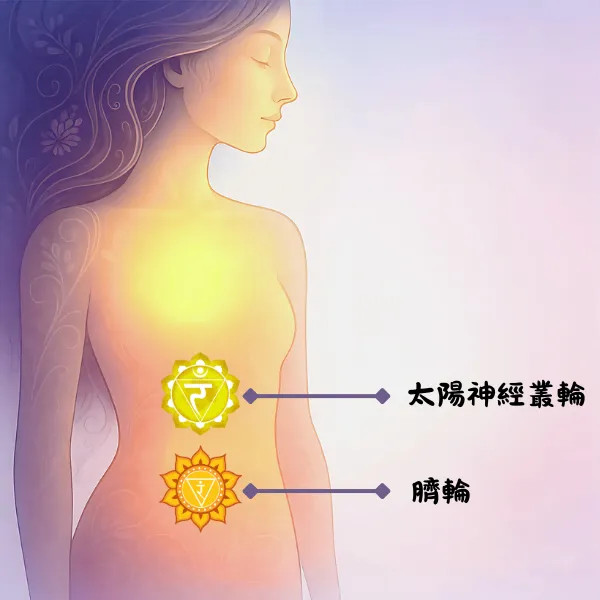 太陽輪與臍輪位置對比圖，清楚標示上腹部與下腹部的能量中心差異