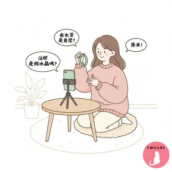 蝦皮直播主展示玉石手串，回答佘太翠與水晶真假疑問的插畫封面