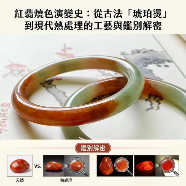 紅翡燒色演變史示意，對比古法琥珀燙與現代熱處理紅翡的顏色差異