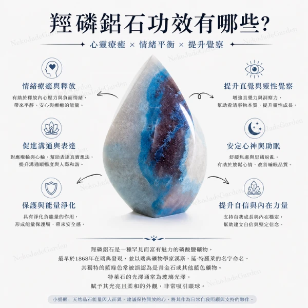 羥磷鋁石功效總覽圖,整理安定情緒、穩定表達、提升覺察與內在力量等天堂石寓意